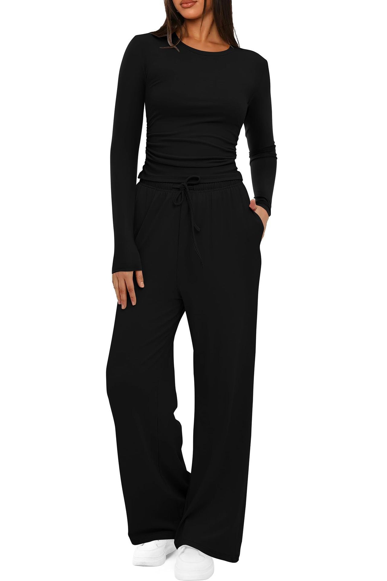2 Pieces Women's Suit Autumn WinteSle Lon Tops Higg eveh Waisted Wide Leg Pants Sportswear Female Clothes Solid Color Casual Suit - StoreTokTik2 Pieces Women's Suit Autumn WinteSle Lon Tops Higg eveh Waisted Wide Leg Pants Sportswear Female Clothes Solid Color Casual Suit