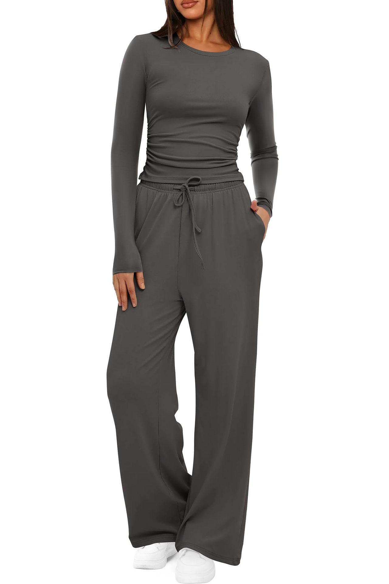 2 Pieces Women's Suit Autumn WinteSle Lon Tops Higg eveh Waisted Wide Leg Pants Sportswear Female Clothes Solid Color Casual Suit - StoreTokTik2 Pieces Women's Suit Autumn WinteSle Lon Tops Higg eveh Waisted Wide Leg Pants Sportswear Female Clothes Solid Color Casual Suit