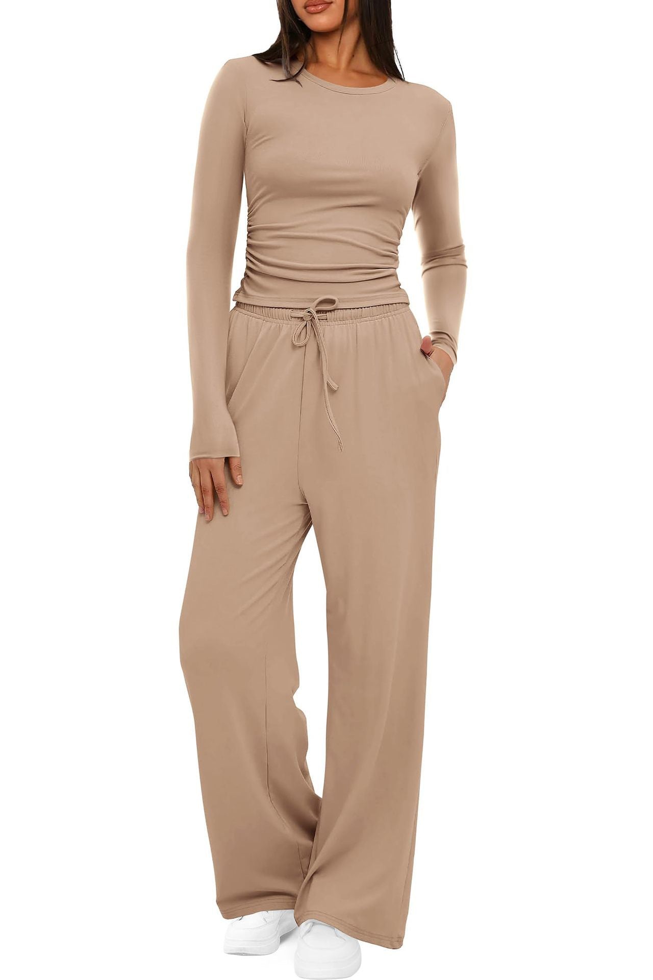 2 Pieces Women's Suit Autumn WinteSle Lon Tops Higg eveh Waisted Wide Leg Pants Sportswear Female Clothes Solid Color Casual Suit - StoreTokTik2 Pieces Women's Suit Autumn WinteSle Lon Tops Higg eveh Waisted Wide Leg Pants Sportswear Female Clothes Solid Color Casual Suit