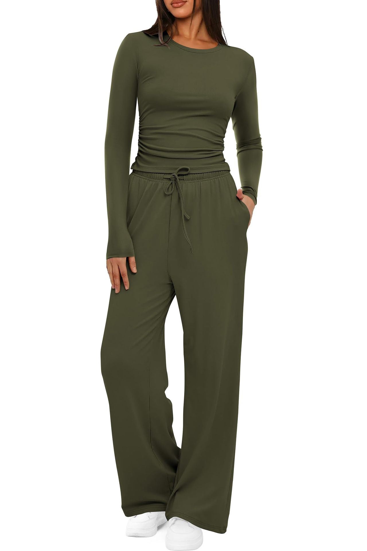 2 Pieces Women's Suit Autumn WinteSle Lon Tops Higg eveh Waisted Wide Leg Pants Sportswear Female Clothes Solid Color Casual Suit - StoreTokTik2 Pieces Women's Suit Autumn WinteSle Lon Tops Higg eveh Waisted Wide Leg Pants Sportswear Female Clothes Solid Color Casual Suit