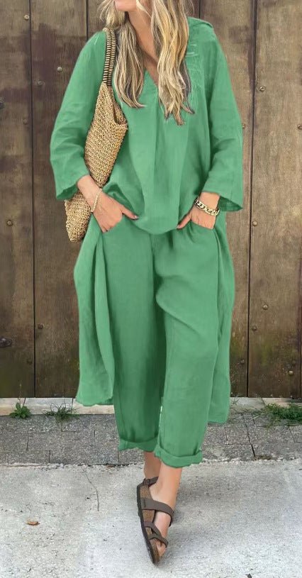 2pcs Long - sleeved Suits Loose V - neck Long Top And High Waist Wide Leg Pants With Pockets Women's Clothing - StoreTokTik2pcs Long - sleeved Suits Loose V - neck Long Top And High Waist Wide Leg Pants With Pockets Women's Clothing