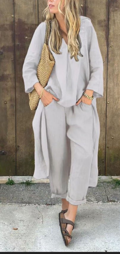 2pcs Long - sleeved Suits Loose V - neck Long Top And High Waist Wide Leg Pants With Pockets Women's Clothing - StoreTokTik2pcs Long - sleeved Suits Loose V - neck Long Top And High Waist Wide Leg Pants With Pockets Women's Clothing