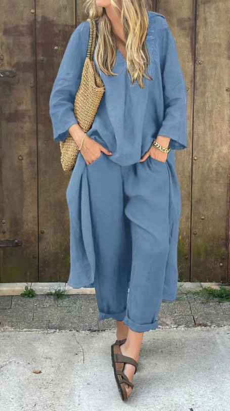2pcs Long - sleeved Suits Loose V - neck Long Top And High Waist Wide Leg Pants With Pockets Women's Clothing - StoreTokTik2pcs Long - sleeved Suits Loose V - neck Long Top And High Waist Wide Leg Pants With Pockets Women's Clothing