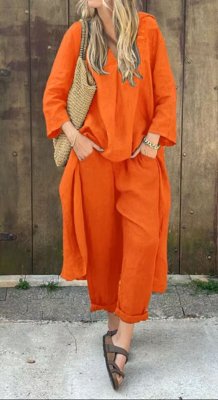 2pcs Long - sleeved Suits Loose V - neck Long Top And High Waist Wide Leg Pants With Pockets Women's Clothing - StoreTokTik2pcs Long - sleeved Suits Loose V - neck Long Top And High Waist Wide Leg Pants With Pockets Women's Clothing