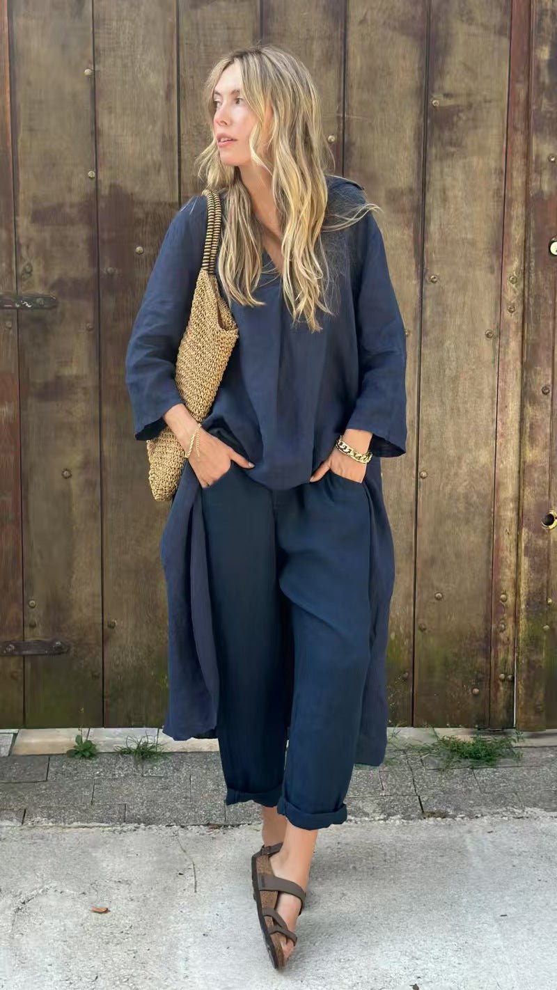 2pcs Long - sleeved Suits Loose V - neck Long Top And High Waist Wide Leg Pants With Pockets Women's Clothing - StoreTokTik2pcs Long - sleeved Suits Loose V - neck Long Top And High Waist Wide Leg Pants With Pockets Women's Clothing