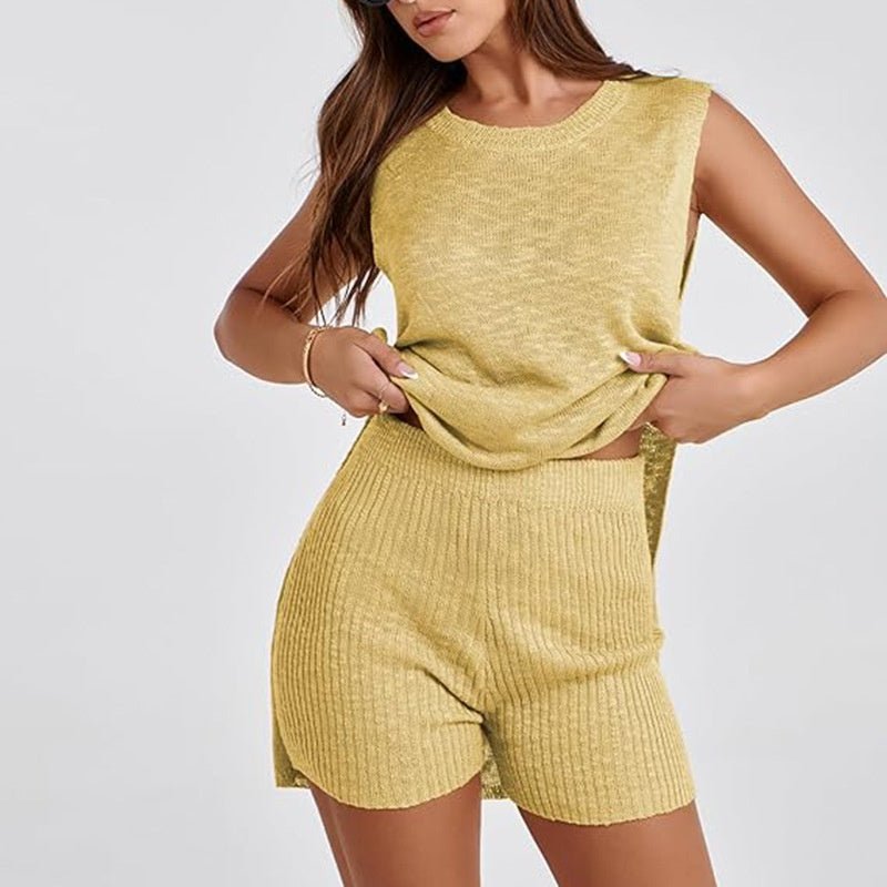 2pcs Women's Knitting Suit Summer Loose Round Neck Split Vest Top And Shorts Beach Clothing - StoreTokTik2pcs Women's Knitting Suit Summer Loose Round Neck Split Vest Top And Shorts Beach Clothing