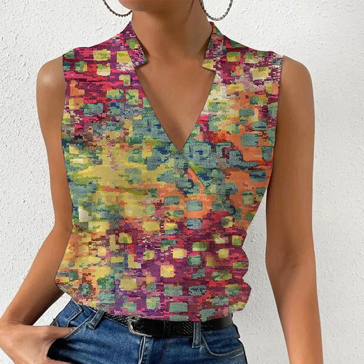 Casual Printed Tops Summer V - neck Sleeveless T-shirt Womens Clothing - StoreTokTikCasual Printed Tops Summer V - neck Sleeveless T-shirt Womens Clothing