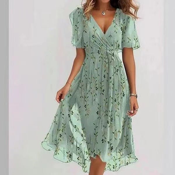 Chiffon Printed Short Sleeve Dress Summer Elegant V - neck Dresses Womens Clothing - StoreTokTikChiffon Printed Short Sleeve Dress Summer Elegant V - neck Dresses Womens Clothing
