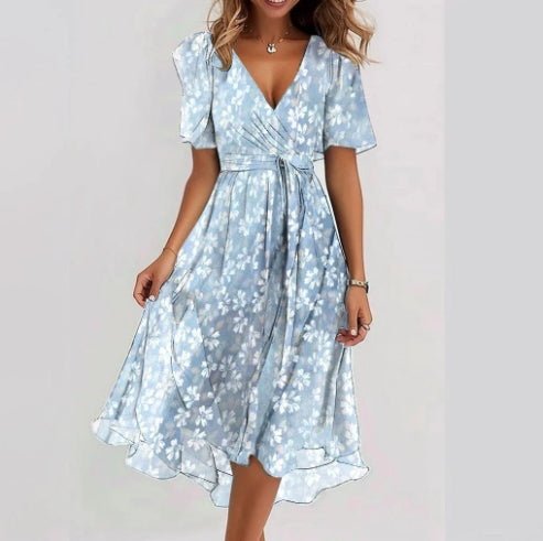 Chiffon Printed Short Sleeve Dress Summer Elegant V - neck Dresses Womens Clothing - StoreTokTikChiffon Printed Short Sleeve Dress Summer Elegant V - neck Dresses Womens Clothing