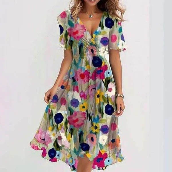 Chiffon Printed Short Sleeve Dress Summer Elegant V - neck Dresses Womens Clothing - StoreTokTikChiffon Printed Short Sleeve Dress Summer Elegant V - neck Dresses Womens Clothing