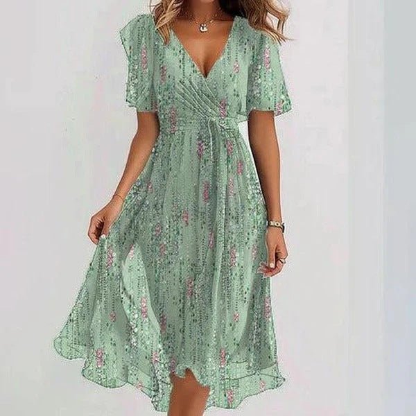 Chiffon Printed Short Sleeve Dress Summer Elegant V - neck Dresses Womens Clothing - StoreTokTikChiffon Printed Short Sleeve Dress Summer Elegant V - neck Dresses Womens Clothing