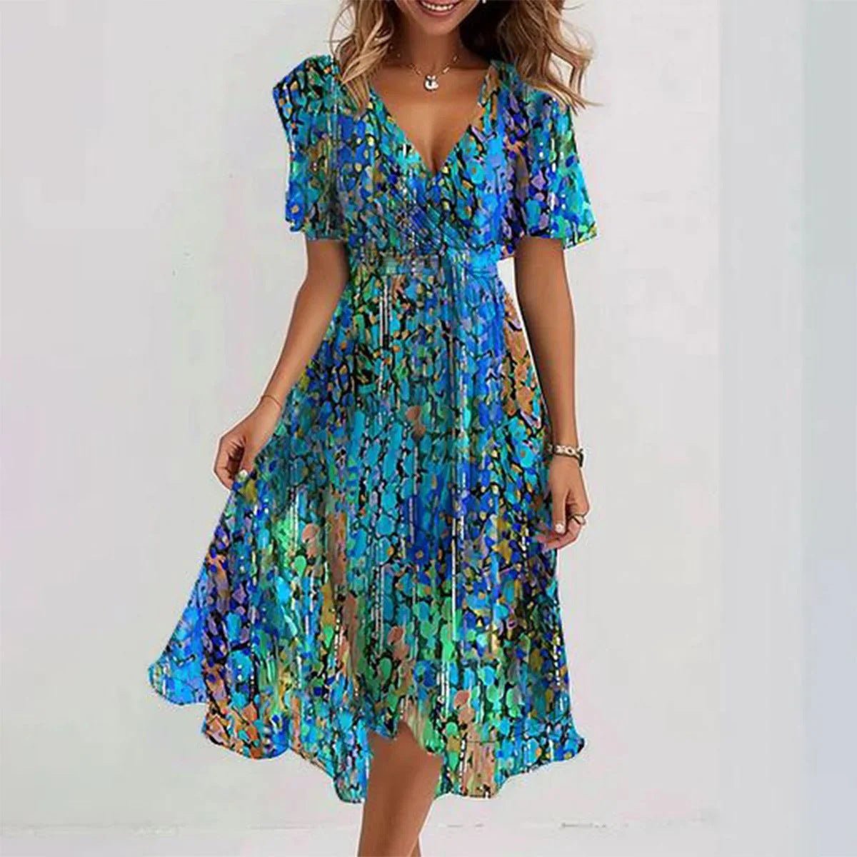 Chiffon Printed Short Sleeve Dress Summer Elegant V - neck Dresses Womens Clothing - StoreTokTikChiffon Printed Short Sleeve Dress Summer Elegant V - neck Dresses Womens Clothing
