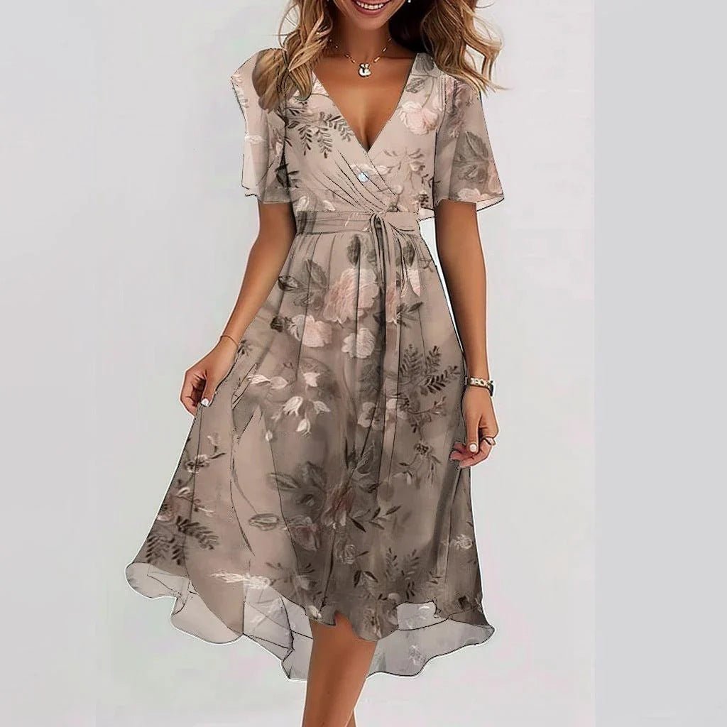 Chiffon Printed Short Sleeve Dress Summer Elegant V - neck Dresses Womens Clothing - StoreTokTikChiffon Printed Short Sleeve Dress Summer Elegant V - neck Dresses Womens Clothing