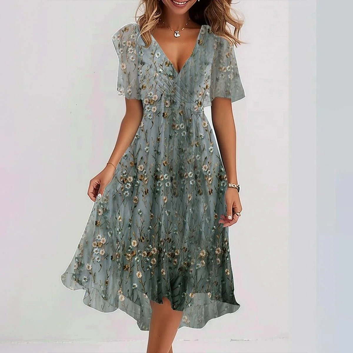 Chiffon Printed Short Sleeve Dress Summer Elegant V - neck Dresses Womens Clothing - StoreTokTikChiffon Printed Short Sleeve Dress Summer Elegant V - neck Dresses Womens Clothing