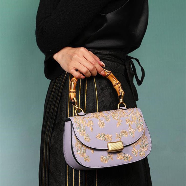 Cowhide Embroidery Ladies Bamboo Handbag - StoreTokTikCowhide Embroidery Ladies Bamboo Handbag