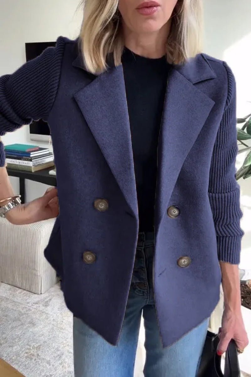 Double Breasted Lapel Jacket Fashion Knitted Sleeves Splicing Design Coat Outerwear Women's Clothing - StoreTokTikDouble Breasted Lapel Jacket Fashion Knitted Sleeves Splicing Design Coat Outerwear Women's Clothing