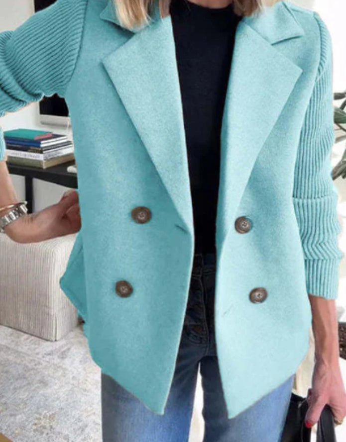 Double Breasted Lapel Jacket Fashion Knitted Sleeves Splicing Design Coat Outerwear Women's Clothing - StoreTokTikDouble Breasted Lapel Jacket Fashion Knitted Sleeves Splicing Design Coat Outerwear Women's Clothing