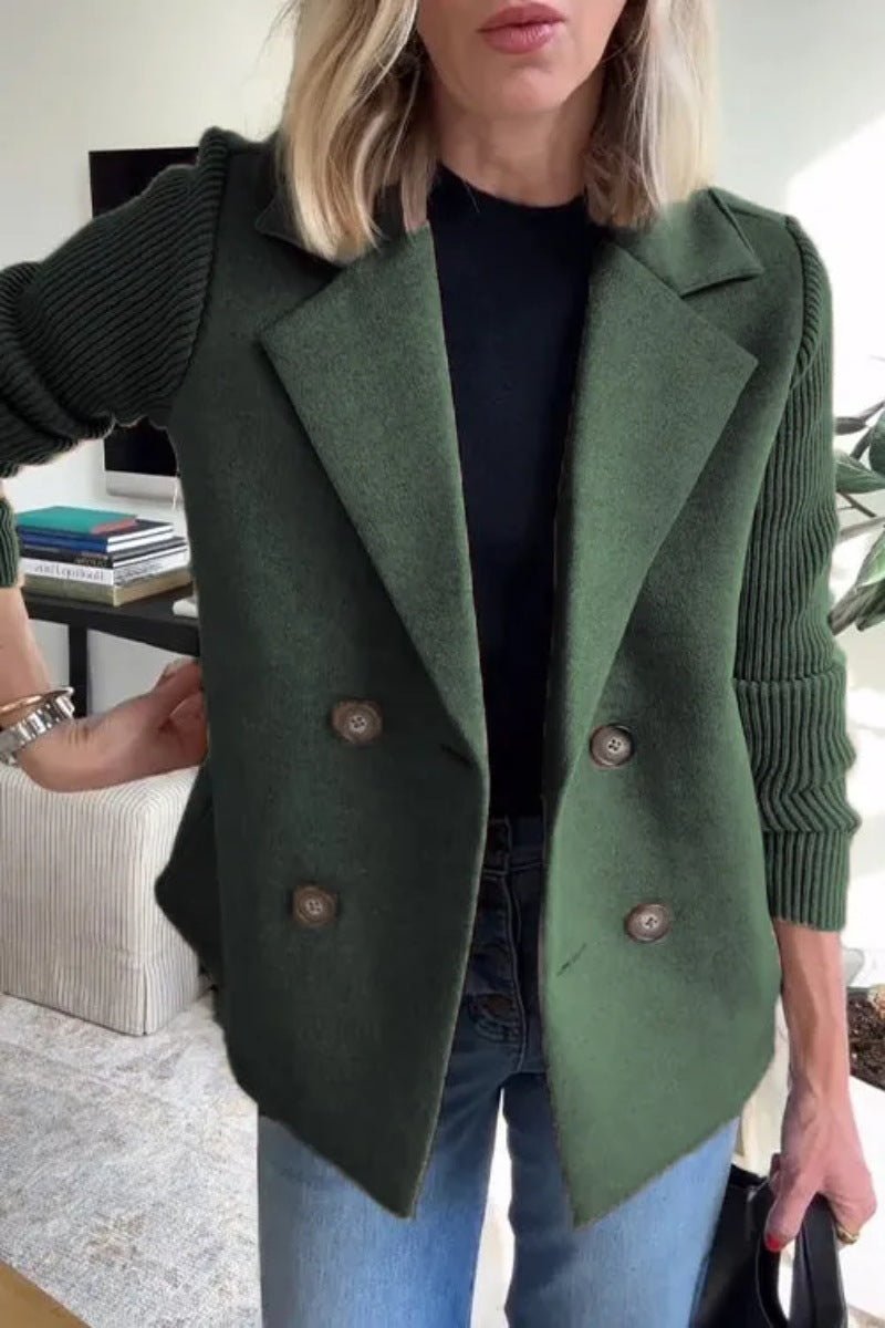 Double Breasted Lapel Jacket Fashion Knitted Sleeves Splicing Design Coat Outerwear Women's Clothing - StoreTokTikDouble Breasted Lapel Jacket Fashion Knitted Sleeves Splicing Design Coat Outerwear Women's Clothing