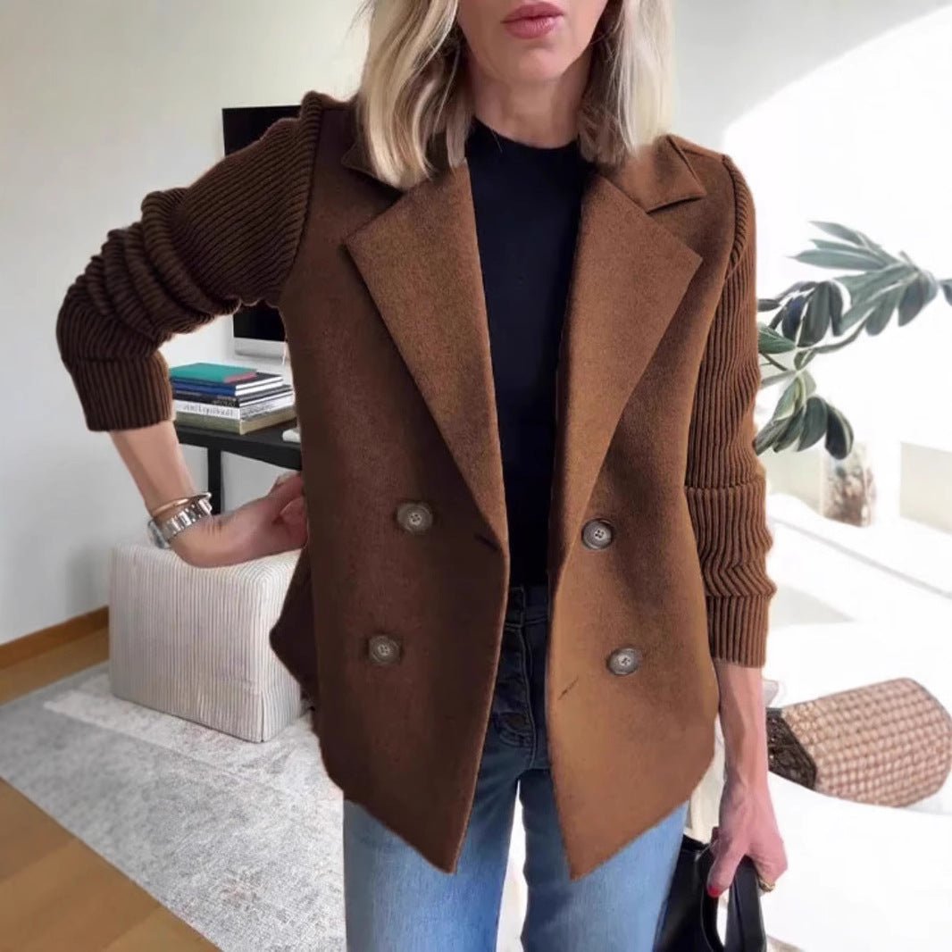 Double Breasted Lapel Jacket Fashion Knitted Sleeves Splicing Design Coat Outerwear Women's Clothing - StoreTokTikDouble Breasted Lapel Jacket Fashion Knitted Sleeves Splicing Design Coat Outerwear Women's Clothing