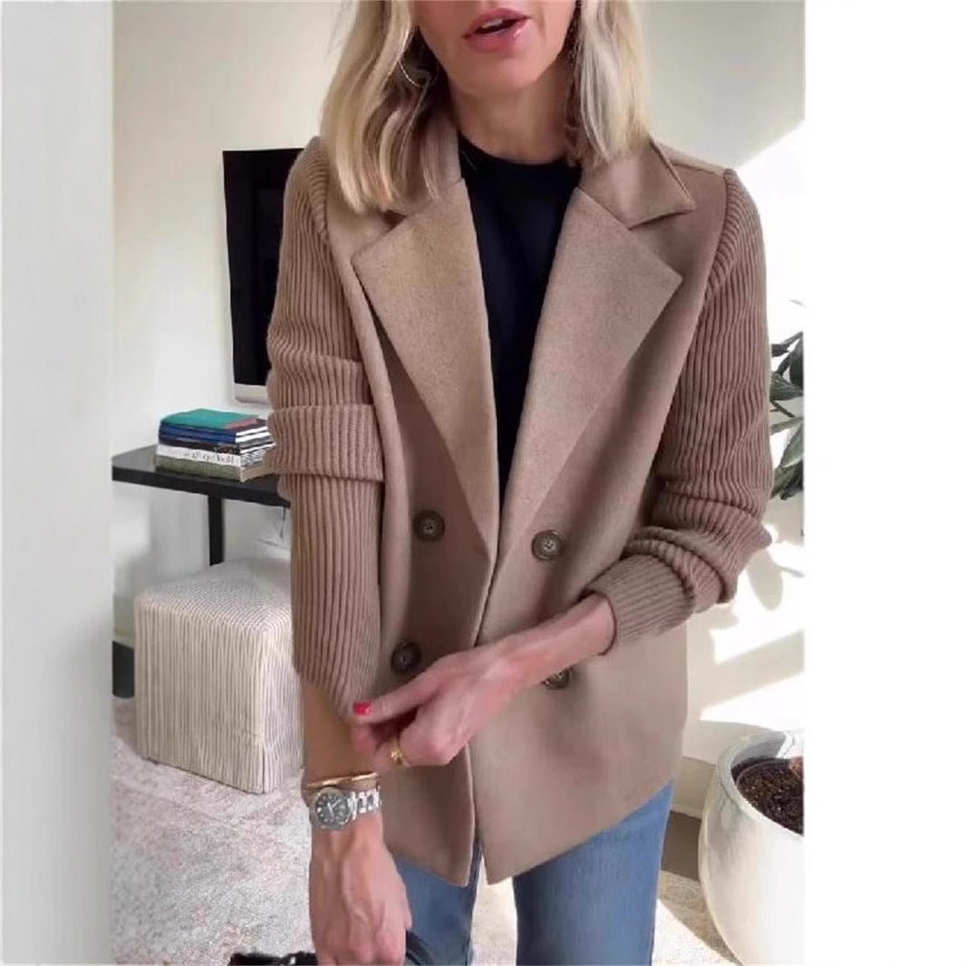 Double Breasted Lapel Jacket Fashion Knitted Sleeves Splicing Design Coat Outerwear Women's Clothing - StoreTokTikDouble Breasted Lapel Jacket Fashion Knitted Sleeves Splicing Design Coat Outerwear Women's Clothing