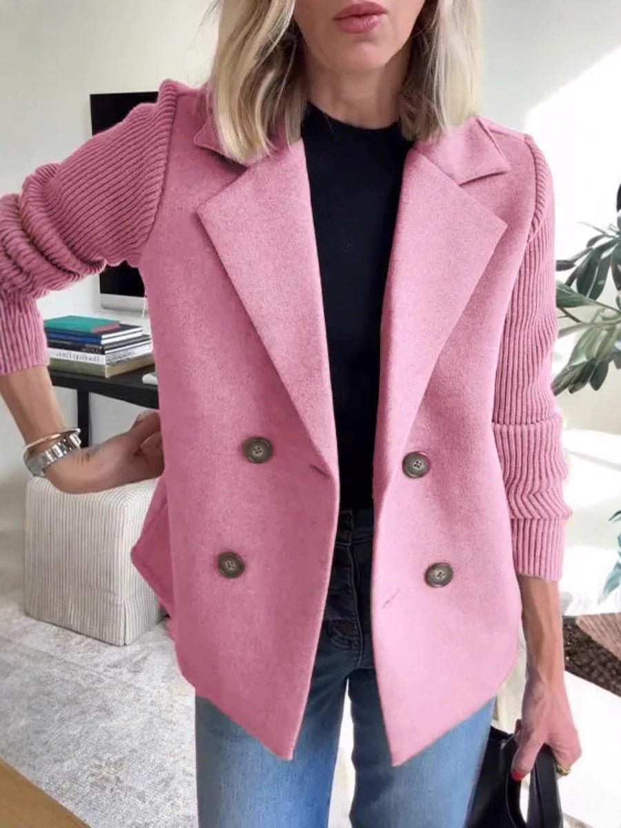 Double Breasted Lapel Jacket Fashion Knitted Sleeves Splicing Design Coat Outerwear Women's Clothing - StoreTokTikDouble Breasted Lapel Jacket Fashion Knitted Sleeves Splicing Design Coat Outerwear Women's Clothing