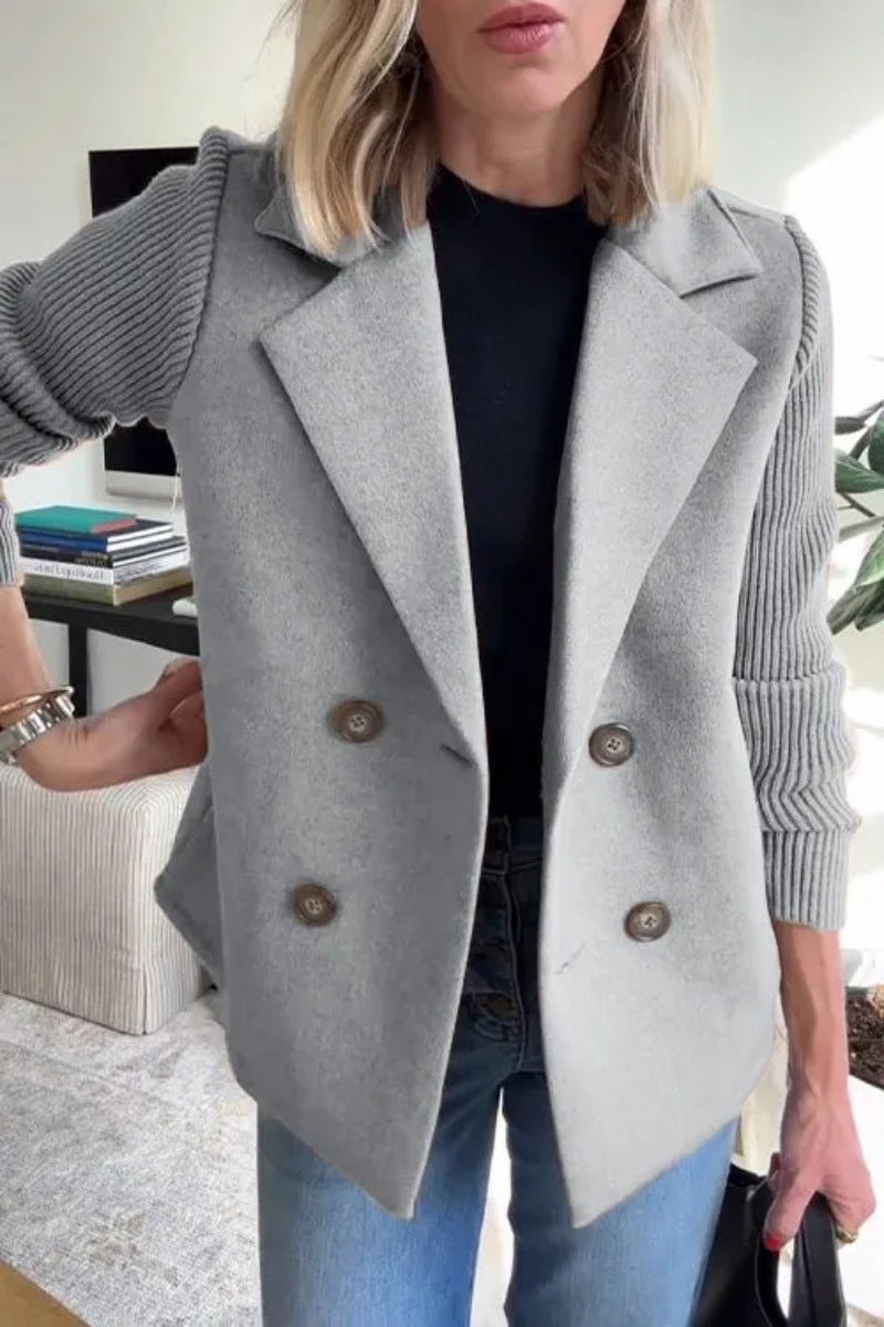 Double Breasted Lapel Jacket Fashion Knitted Sleeves Splicing Design Coat Outerwear Women's Clothing - StoreTokTikDouble Breasted Lapel Jacket Fashion Knitted Sleeves Splicing Design Coat Outerwear Women's Clothing