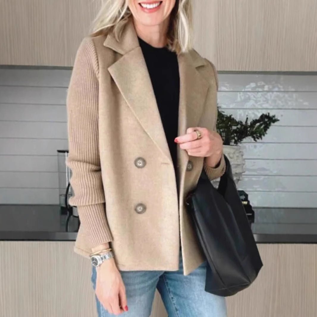 Double Breasted Lapel Jacket Fashion Knitted Sleeves Splicing Design Coat Outerwear Women's Clothing - StoreTokTikDouble Breasted Lapel Jacket Fashion Knitted Sleeves Splicing Design Coat Outerwear Women's Clothing