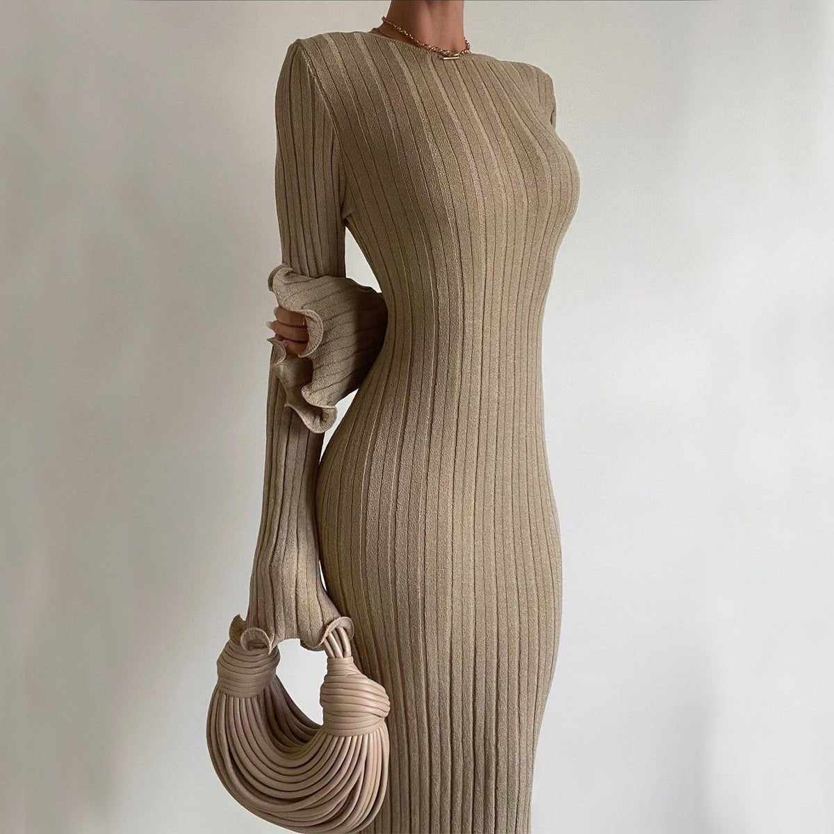 Fashion Slim Long - sleeved Ruffled Long Dress Sexy Hip - wrapped Back - less Knitted Maxi Dresses For Party Beach Womens Clothing - StoreTokTikFashion Slim Long - sleeved Ruffled Long Dress Sexy Hip - wrapped Back - less Knitted Maxi Dresses For Party Beach Womens Clothing