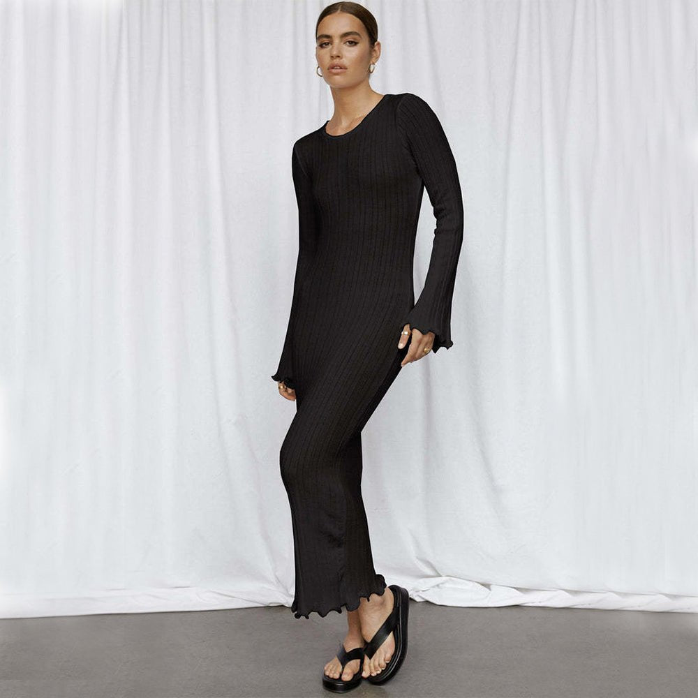 Fashion Slim Long - sleeved Ruffled Long Dress Sexy Hip - wrapped Back - less Knitted Maxi Dresses For Party Beach Womens Clothing - StoreTokTikFashion Slim Long - sleeved Ruffled Long Dress Sexy Hip - wrapped Back - less Knitted Maxi Dresses For Party Beach Womens Clothing