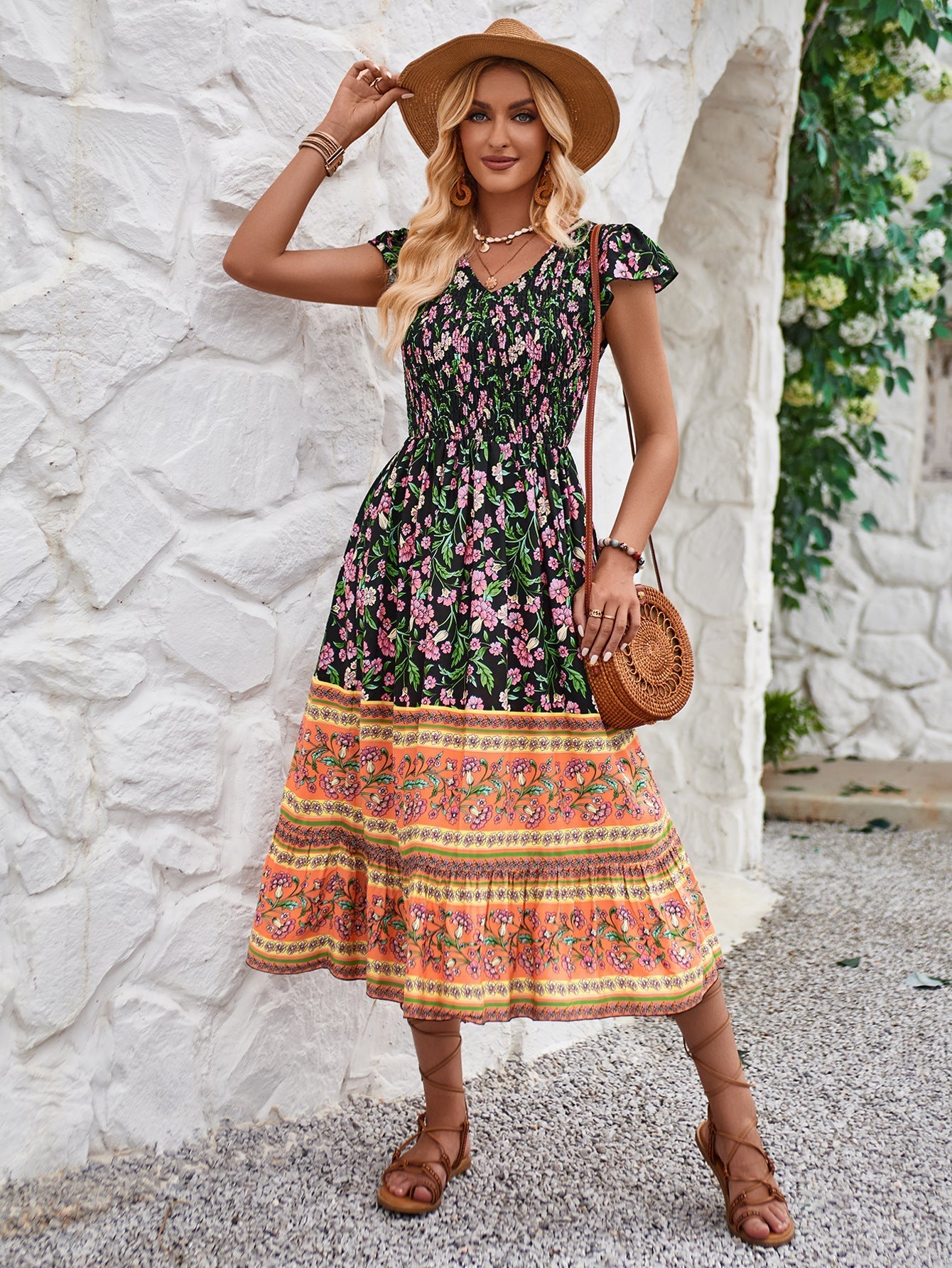 New Flowers Print V - neck Dress Summer Casual Ruffle Sleeveless Dresses Bohemian Holiday Beach Dress For Womens Clothing - StoreTokTikNew Flowers Print V - neck Dress Summer Casual Ruffle Sleeveless Dresses Bohemian Holiday Beach Dress For Womens Clothing