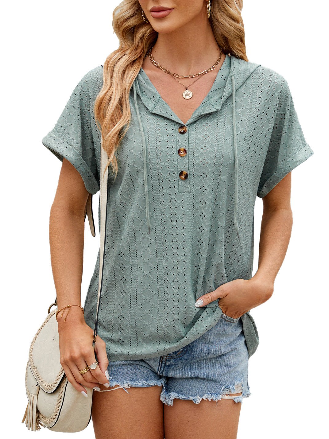 New Solid Color Hooded Button T-shirt Loose Hollow Design Short - sleeved Top For Womens Clothing - StoreTokTikNew Solid Color Hooded Button T-shirt Loose Hollow Design Short - sleeved Top For Womens Clothing