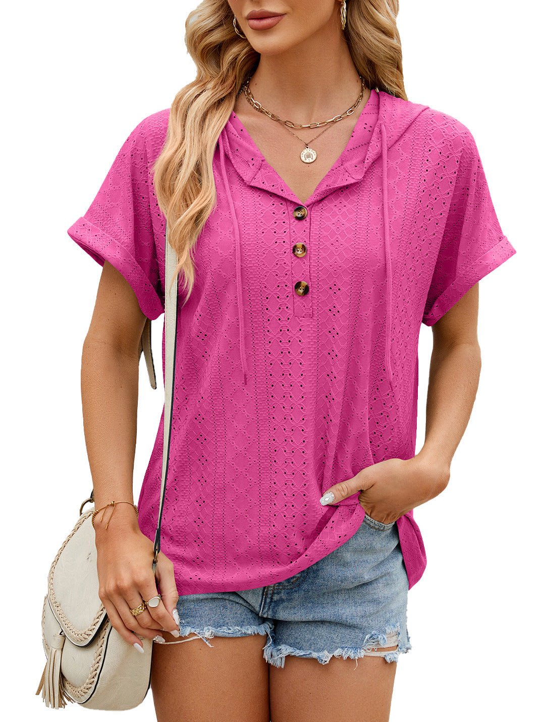 New Solid Color Hooded Button T-shirt Loose Hollow Design Short - sleeved Top For Womens Clothing - StoreTokTikNew Solid Color Hooded Button T-shirt Loose Hollow Design Short - sleeved Top For Womens Clothing