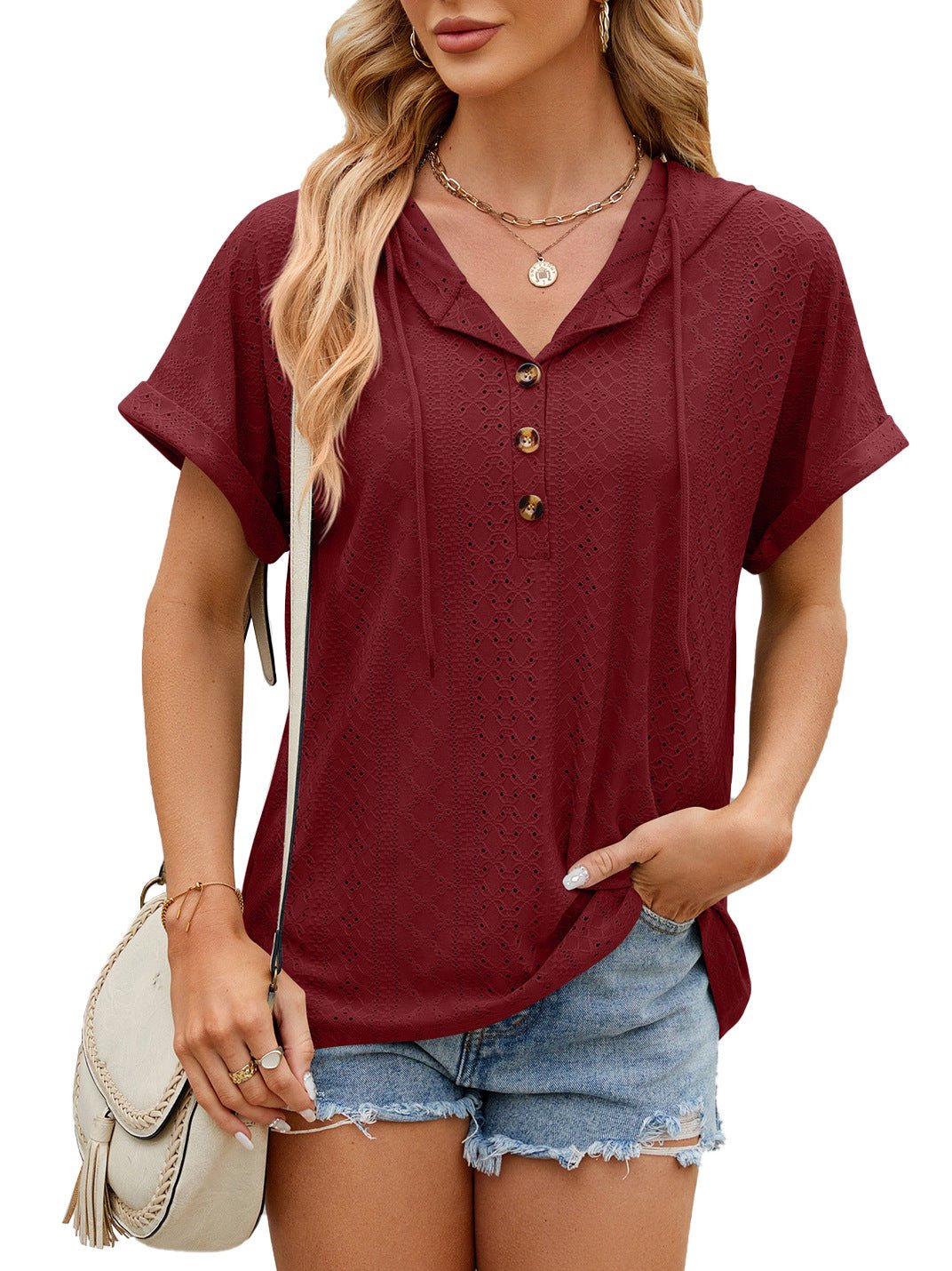 New Solid Color Hooded Button T-shirt Loose Hollow Design Short - sleeved Top For Womens Clothing - StoreTokTikNew Solid Color Hooded Button T-shirt Loose Hollow Design Short - sleeved Top For Womens Clothing
