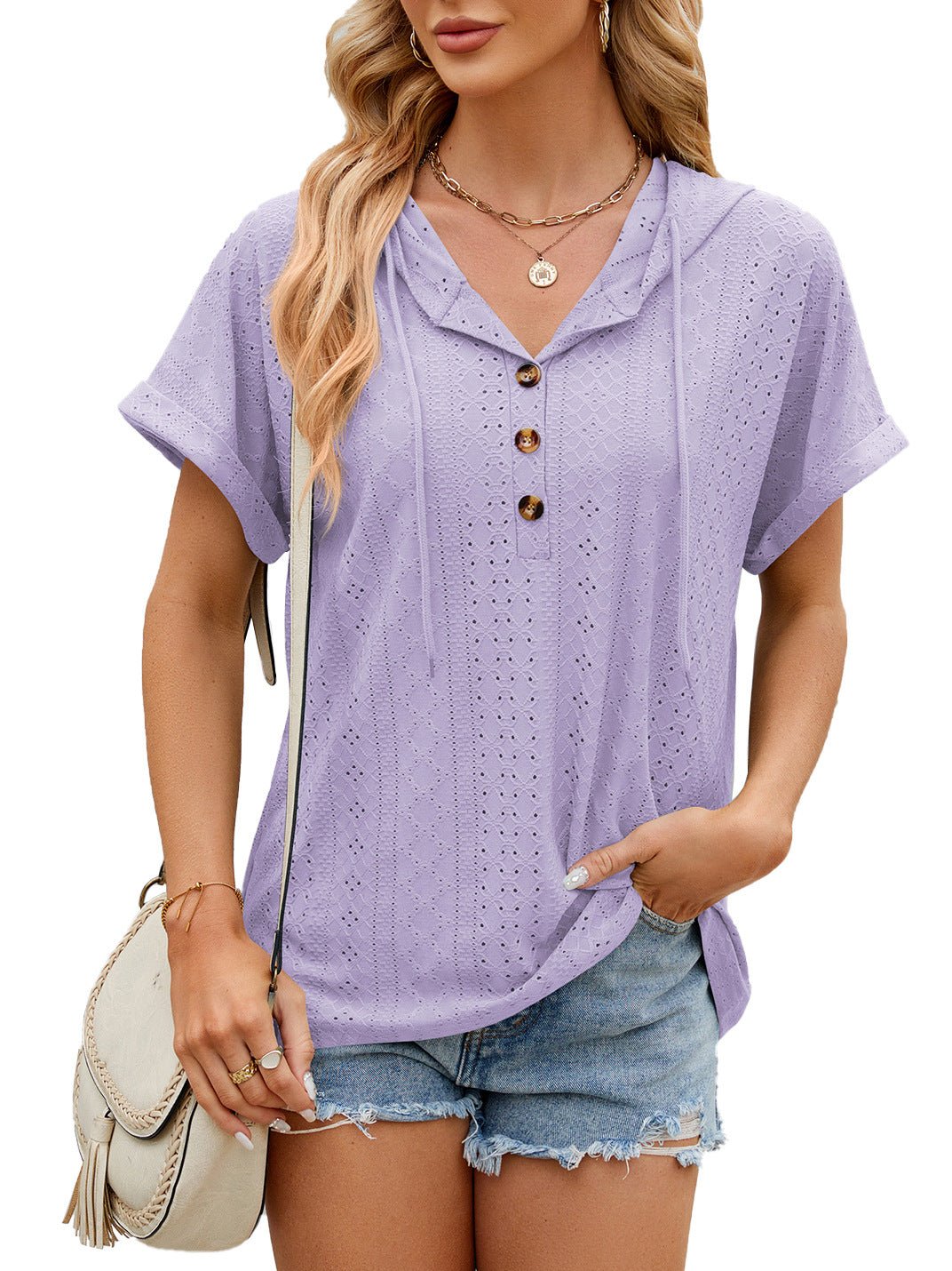New Solid Color Hooded Button T-shirt Loose Hollow Design Short - sleeved Top For Womens Clothing - StoreTokTikNew Solid Color Hooded Button T-shirt Loose Hollow Design Short - sleeved Top For Womens Clothing