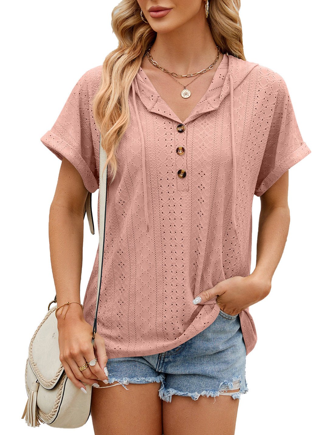 New Solid Color Hooded Button T-shirt Loose Hollow Design Short - sleeved Top For Womens Clothing - StoreTokTikNew Solid Color Hooded Button T-shirt Loose Hollow Design Short - sleeved Top For Womens Clothing
