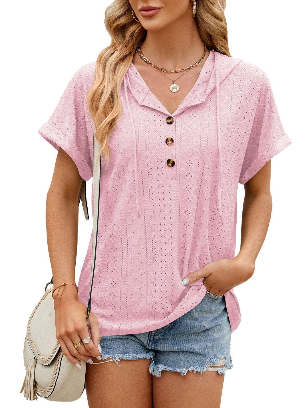 New Solid Color Hooded Button T-shirt Loose Hollow Design Short - sleeved Top For Womens Clothing - StoreTokTikNew Solid Color Hooded Button T-shirt Loose Hollow Design Short - sleeved Top For Womens Clothing