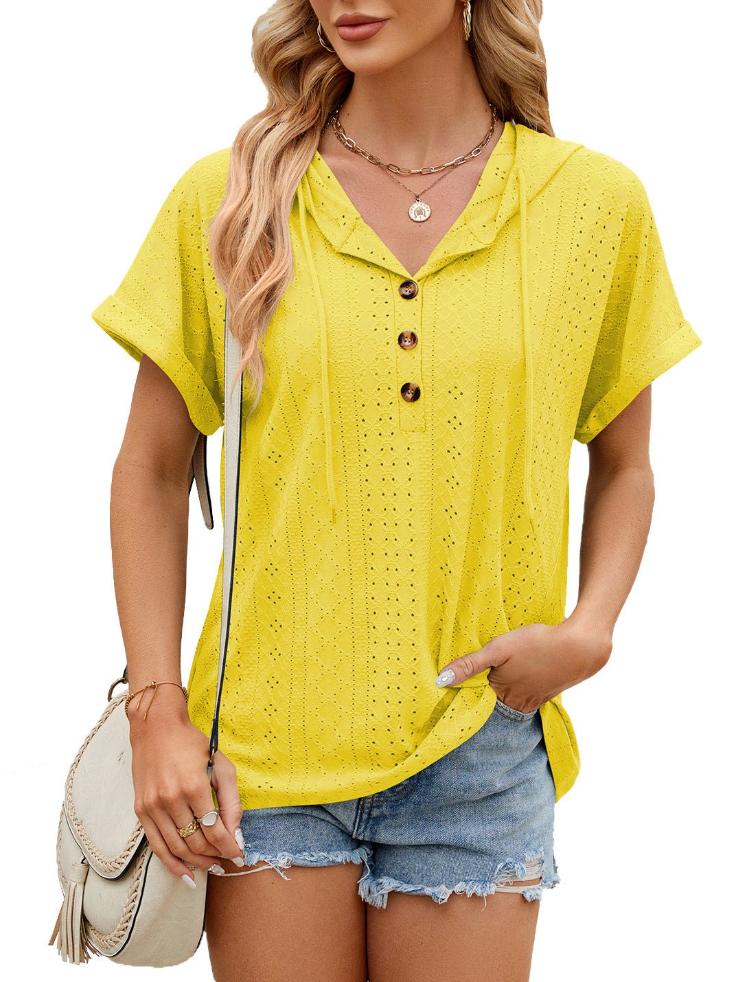 New Solid Color Hooded Button T-shirt Loose Hollow Design Short - sleeved Top For Womens Clothing - StoreTokTikNew Solid Color Hooded Button T-shirt Loose Hollow Design Short - sleeved Top For Womens Clothing