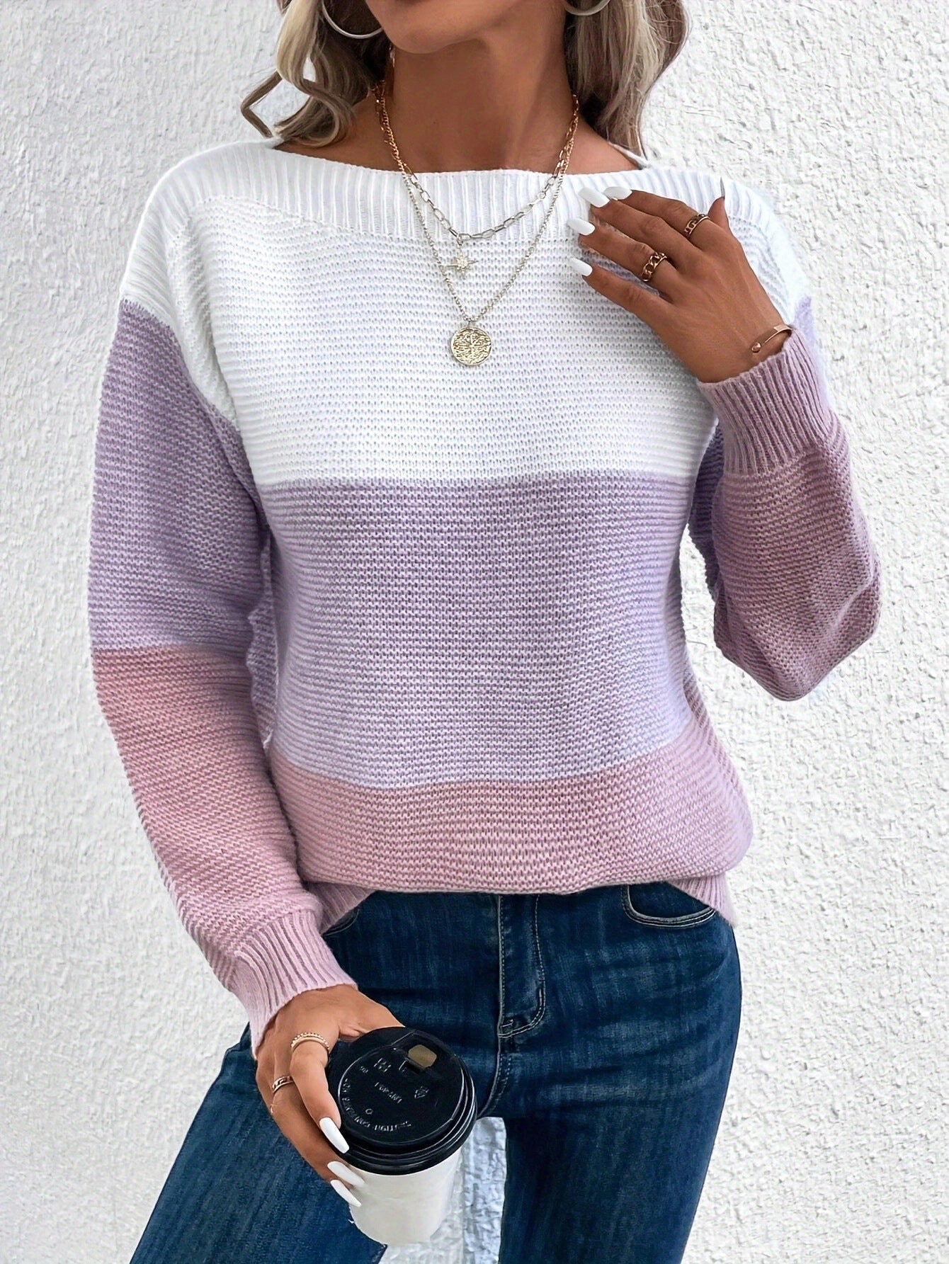 Pullover Knitted Sweater Fashioneck Splicing Round N Knitwear Loose Top Women's Clothing - StoreTokTikPullover Knitted Sweater Fashioneck Splicing Round N Knitwear Loose Top Women's Clothing