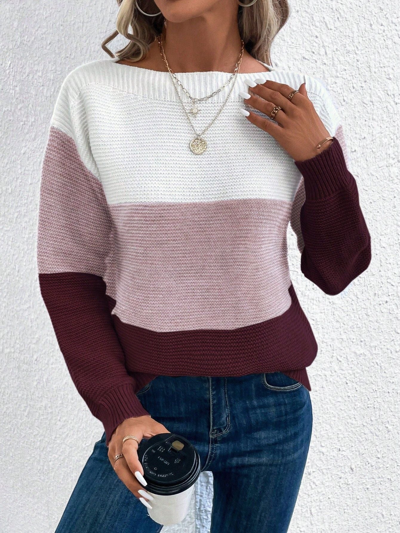Pullover Knitted Sweater Fashioneck Splicing Round N Knitwear Loose Top Women's Clothing - StoreTokTikPullover Knitted Sweater Fashioneck Splicing Round N Knitwear Loose Top Women's Clothing