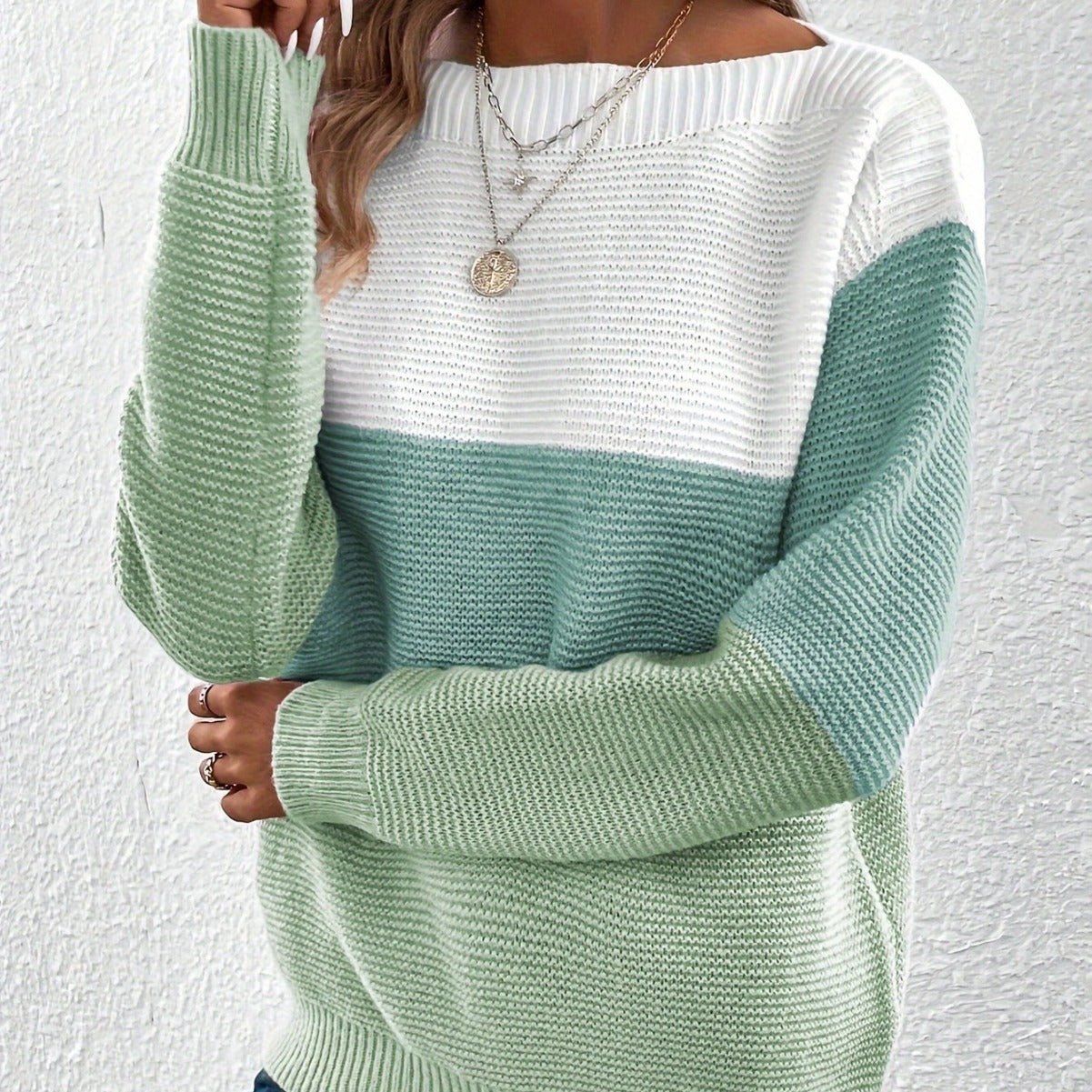 Pullover Knitted Sweater Fashioneck Splicing Round N Knitwear Loose Top Women's Clothing - StoreTokTikPullover Knitted Sweater Fashioneck Splicing Round N Knitwear Loose Top Women's Clothing