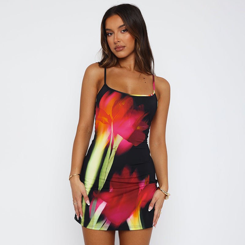 Summer Flowers Printed Suspender Dress Fashion Slim Square Neck Short Dresses Beach Clothing For Women - StoreTokTikSummer Flowers Printed Suspender Dress Fashion Slim Square Neck Short Dresses Beach Clothing For Women