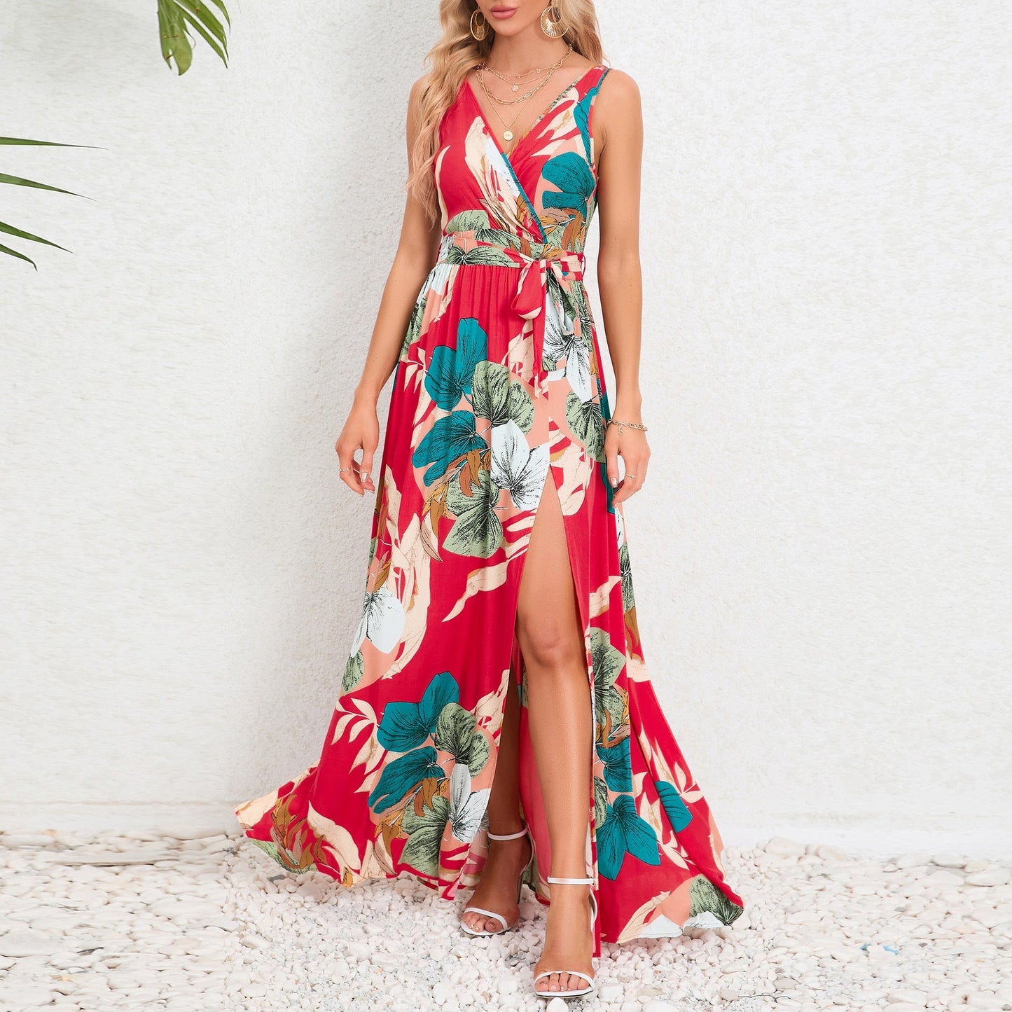 V - neck Floral Print Long Dress Summer Fashion Waist Tie Slit Design Sleeveless Dress For Womens Clothing - StoreTokTikV - neck Floral Print Long Dress Summer Fashion Waist Tie Slit Design Sleeveless Dress For Womens Clothing