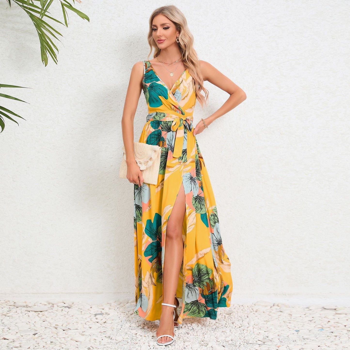 V - neck Floral Print Long Dress Summer Fashion Waist Tie Slit Design Sleeveless Dress For Womens Clothing - StoreTokTikV - neck Floral Print Long Dress Summer Fashion Waist Tie Slit Design Sleeveless Dress For Womens Clothing
