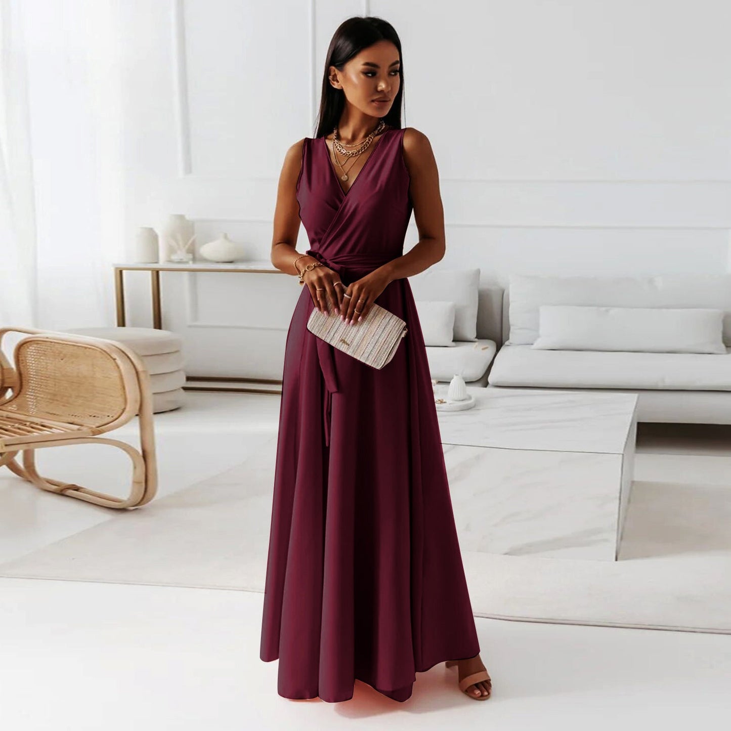 V - neck Sleeveless Dress With Belt Summer Fashion Party Club Evening Maxi Dresses For Women Clothing - StoreTokTikV - neck Sleeveless Dress With Belt Summer Fashion Party Club Evening Maxi Dresses For Women Clothing