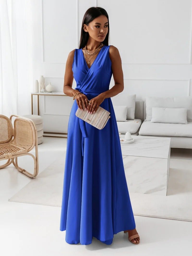 V - neck Sleeveless Dress With Belt Summer Fashion Party Club Evening Maxi Dresses For Women Clothing - StoreTokTikV - neck Sleeveless Dress With Belt Summer Fashion Party Club Evening Maxi Dresses For Women Clothing