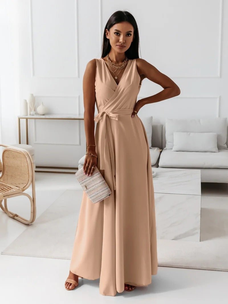 V - neck Sleeveless Dress With Belt Summer Fashion Party Club Evening Maxi Dresses For Women Clothing - StoreTokTikV - neck Sleeveless Dress With Belt Summer Fashion Party Club Evening Maxi Dresses For Women Clothing