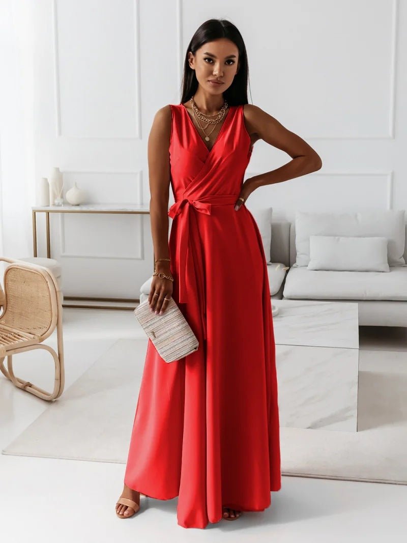 V - neck Sleeveless Dress With Belt Summer Fashion Party Club Evening Maxi Dresses For Women Clothing - StoreTokTikV - neck Sleeveless Dress With Belt Summer Fashion Party Club Evening Maxi Dresses For Women Clothing