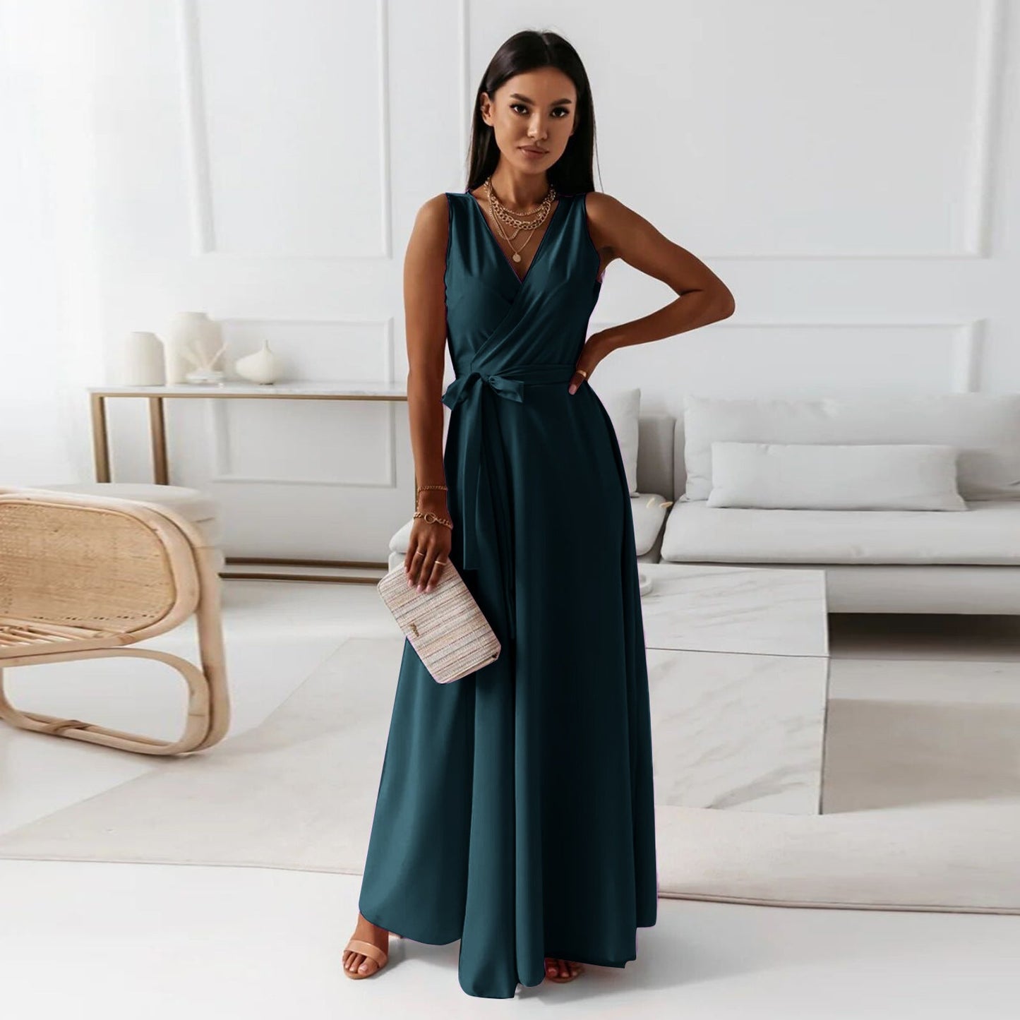 V - neck Sleeveless Dress With Belt Summer Fashion Party Club Evening Maxi Dresses For Women Clothing - StoreTokTikV - neck Sleeveless Dress With Belt Summer Fashion Party Club Evening Maxi Dresses For Women Clothing