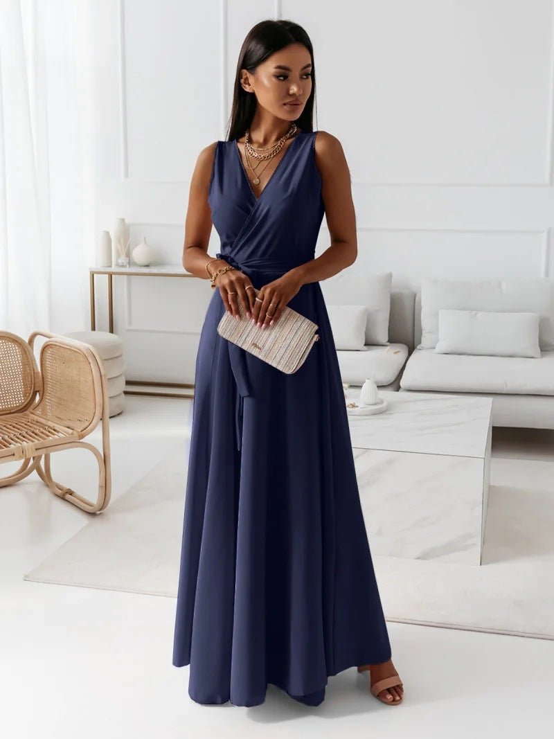 V - neck Sleeveless Dress With Belt Summer Fashion Party Club Evening Maxi Dresses For Women Clothing - StoreTokTikV - neck Sleeveless Dress With Belt Summer Fashion Party Club Evening Maxi Dresses For Women Clothing