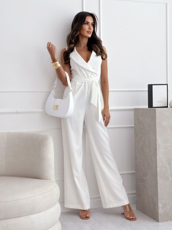 V - neck Sleeveless Jumpsuit With Belt Design Summer Fashion Trousers Women's Clothing - StoreTokTikV - neck Sleeveless Jumpsuit With Belt Design Summer Fashion Trousers Women's Clothing